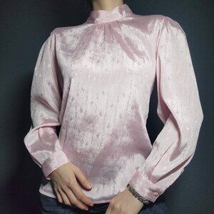 Vintage Victorian silky pink babydoll puffy sleeved high neck button-up shirt